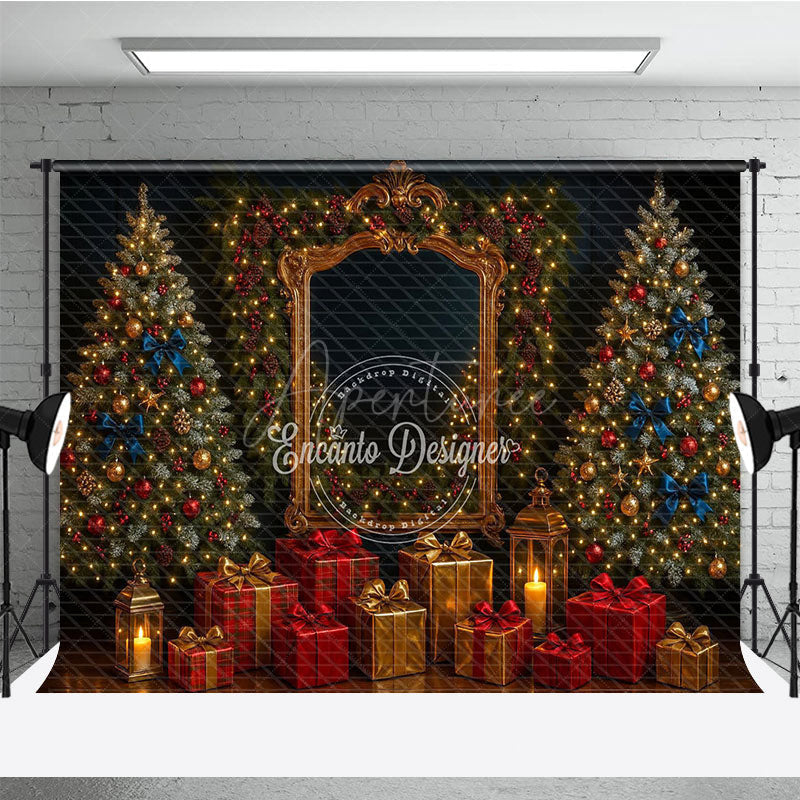 Aperturee - Aperturee Elegant Christmas Photography Backdrop Ornate Gold Mirror with Red and Blue Holiday Mini Session Background