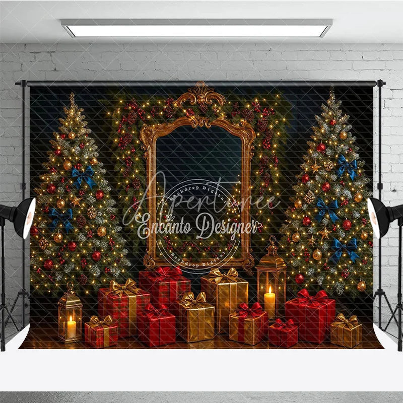 Aperturee - Aperturee Elegant Christmas Photography Backdrop Ornate Gold Mirror with Red and Blue Holiday Mini Session Background