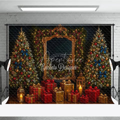 Aperturee - Aperturee Elegant Christmas Photography Backdrop Ornate Gold Mirror with Red and Blue Holiday Mini Session Background