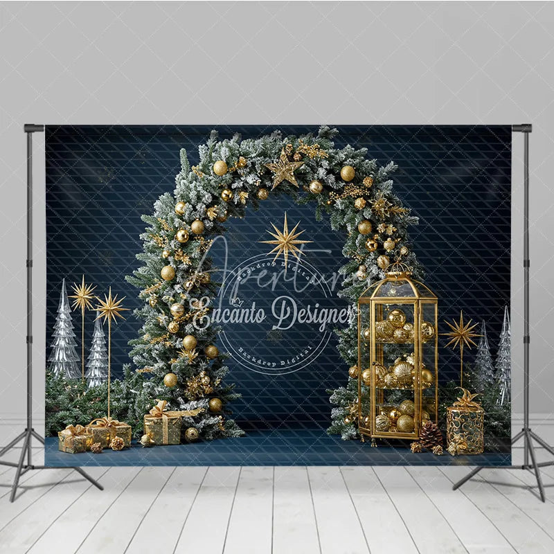 Aperturee - Aperturee Elegant Christmas Pine Arch Photography Backdrop Flocked Garland with Gold Ornaments Modern Navy Blue Holiday