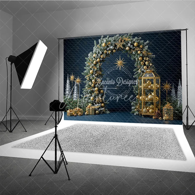 Aperturee - Aperturee Elegant Christmas Pine Arch Photography Backdrop Flocked Garland with Gold Ornaments Modern Navy Blue Holiday