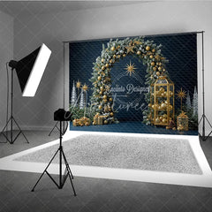 Aperturee - Aperturee Elegant Christmas Pine Arch Photography Backdrop Flocked Garland with Gold Ornaments Modern Navy Blue Holiday