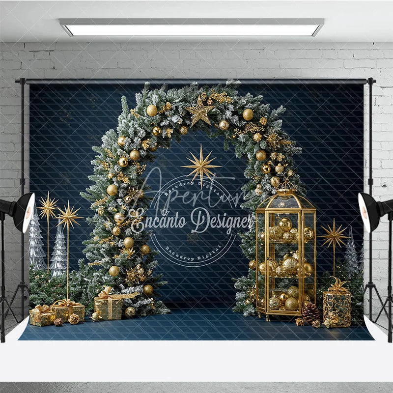 Aperturee - Aperturee Elegant Christmas Pine Arch Photography Backdrop Flocked Garland with Gold Ornaments Modern Navy Blue Holiday