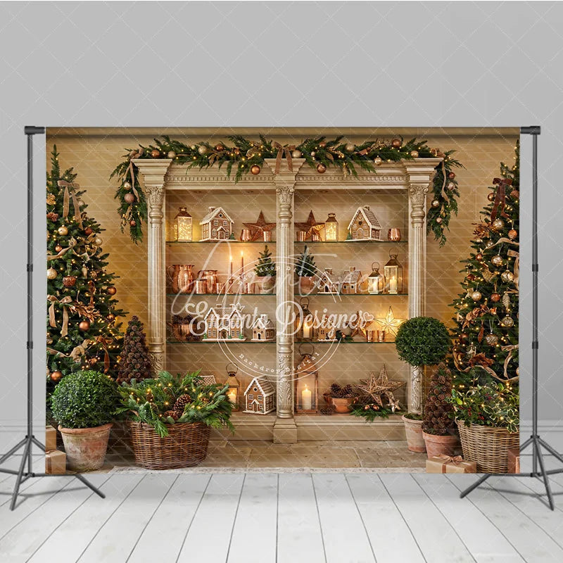 Aperturee - Aperturee Elegant Christmas Tree and Gingerbread House Holiday Backdrop Festive Cabinet Decor with Warm Lights for Party