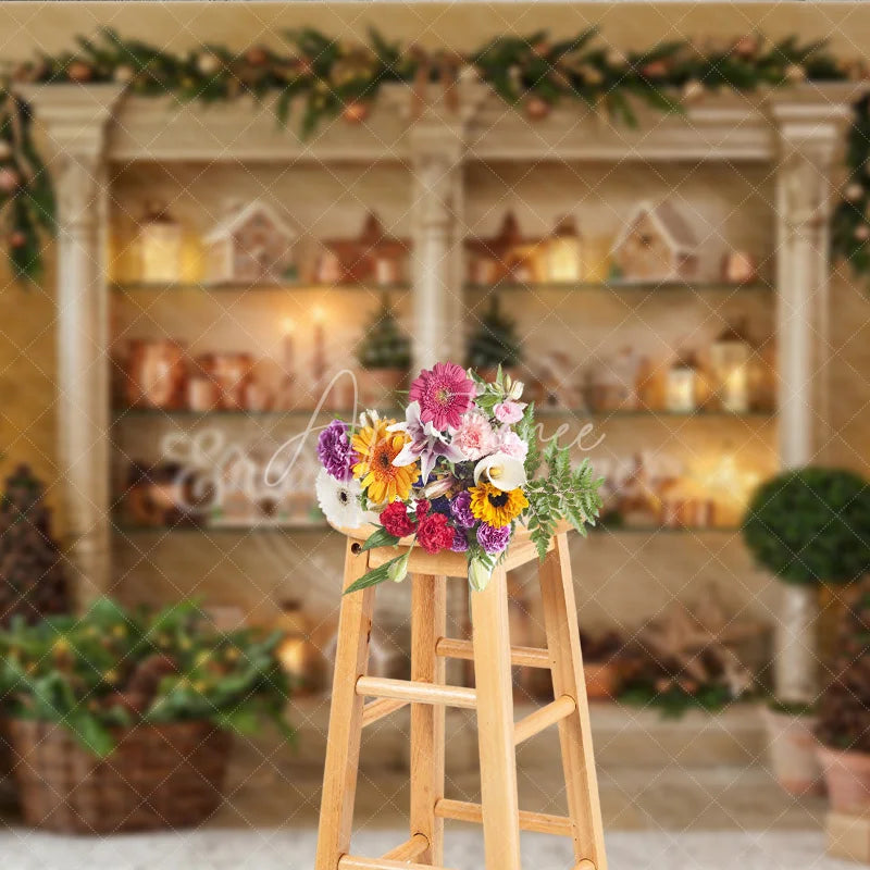 Aperturee - Aperturee Elegant Christmas Tree and Gingerbread House Holiday Backdrop Festive Cabinet Decor with Warm Lights for Party