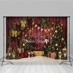 Aperturee - Aperturee Elegant Christmas Trees and Nutcracker Holiday Backdrop featuring Red Bows Gifts and Lanterns for Festive Party Decor