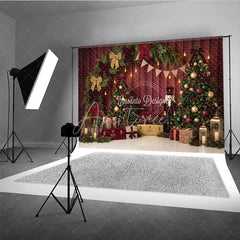 Aperturee - Aperturee Elegant Christmas Trees and Nutcracker Holiday Backdrop featuring Red Bows Gifts and Lanterns for Festive Party Decor