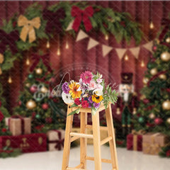 Aperturee - Aperturee Elegant Christmas Trees and Nutcracker Holiday Backdrop featuring Red Bows Gifts and Lanterns for Festive Party Decor