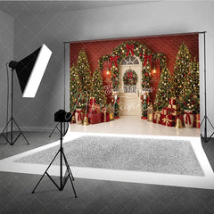 Aperturee - Aperturee Elegant Christmas Trees and Red Bows Holiday Backdrop Festive Golden Ornaments and Nutcracker Decor