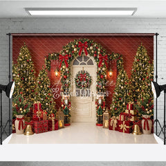 Aperturee - Aperturee Elegant Christmas Trees and Red Bows Holiday Backdrop Festive Golden Ornaments and Nutcracker Decor