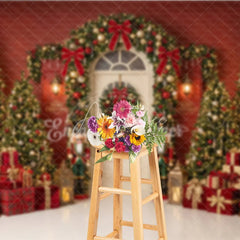 Aperturee - Aperturee Elegant Christmas Trees and Red Bows Holiday Backdrop Festive Golden Ornaments and Nutcracker Decor