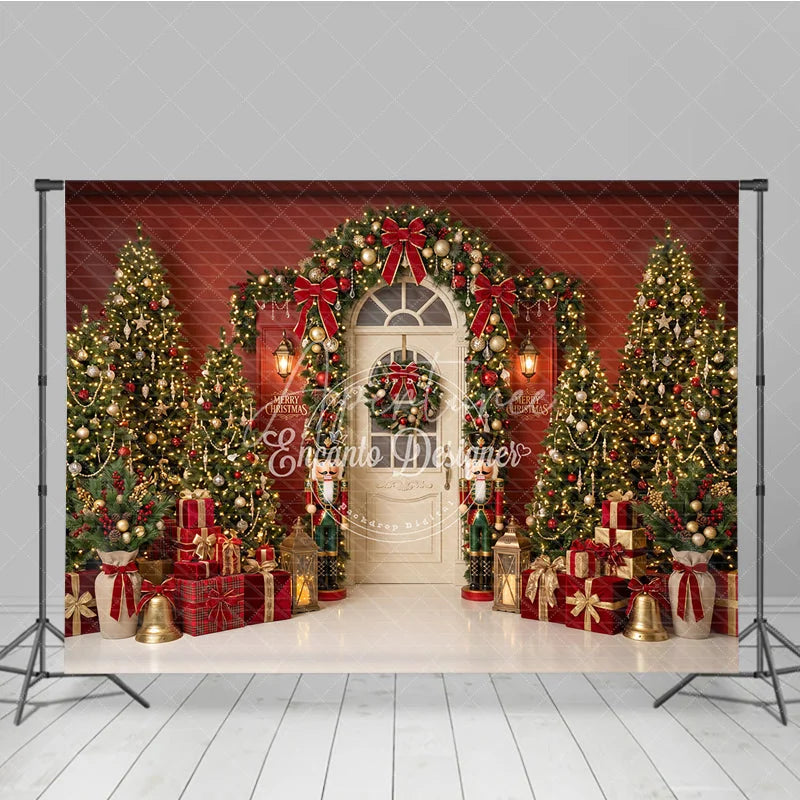 Aperturee - Aperturee Elegant Christmas Trees and Red Bows Holiday Backdrop Festive Golden Ornaments and Nutcracker Decor