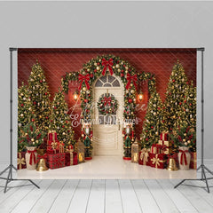 Aperturee - Aperturee Elegant Christmas Trees and Red Bows Holiday Backdrop Festive Golden Ornaments and Nutcracker Decor