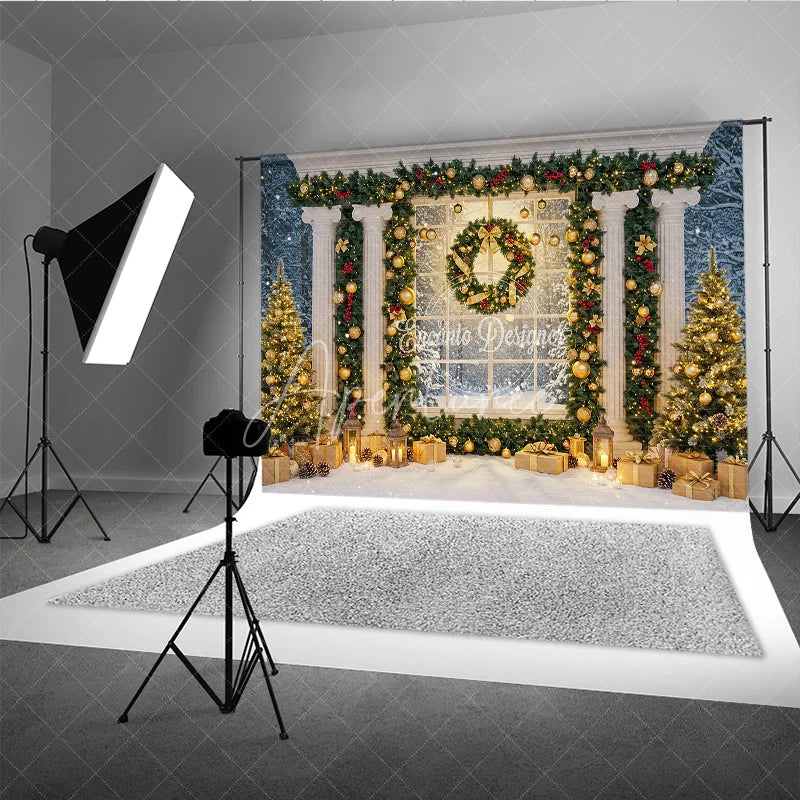 Aperturee - Aperturee Elegant Christmas Window Photography Backdrop Grand Columns with Garland Snowy Holiday Mini Session Background