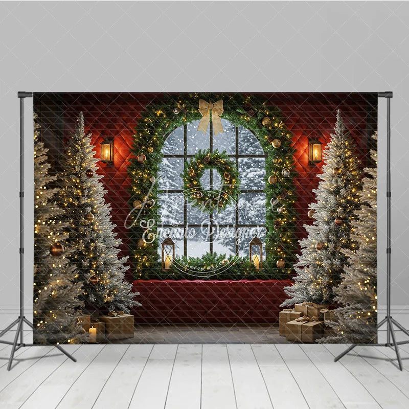 Aperturee - Aperturee Elegant Christmas Window Photography Backdrop Red Wall with Garland and Flocked Trees Holiday Photo Background