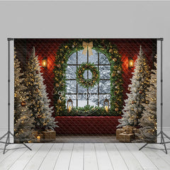 Aperturee - Aperturee Elegant Christmas Window Photography Backdrop Red Wall with Garland and Flocked Trees Holiday Photo Background