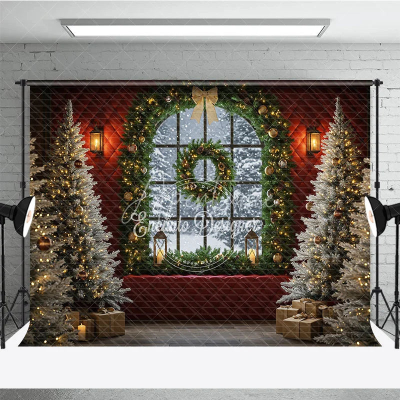 Aperturee - Aperturee Elegant Christmas Window Photography Backdrop Red Wall with Garland and Flocked Trees Holiday Photo Background