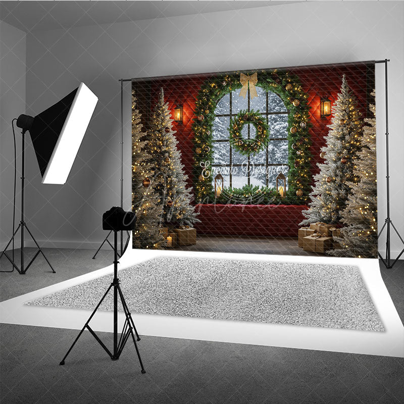 Aperturee - Aperturee Elegant Christmas Window Photography Backdrop Red Wall with Garland and Flocked Trees Holiday Photo Background