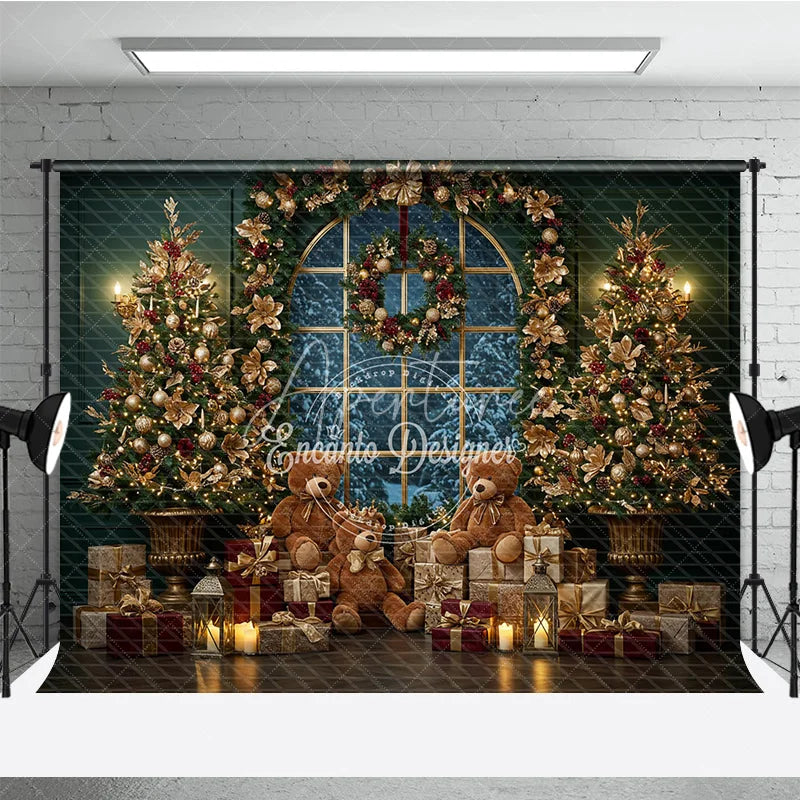 Aperturee - Aperturee Elegant Christmas Window Photography Backdrop Teddy Bears and Golden Trees Snowy View Holiday Photo Background