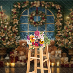 Aperturee - Aperturee Elegant Christmas Window Photography Backdrop Teddy Bears and Golden Trees Snowy View Holiday Photo Background
