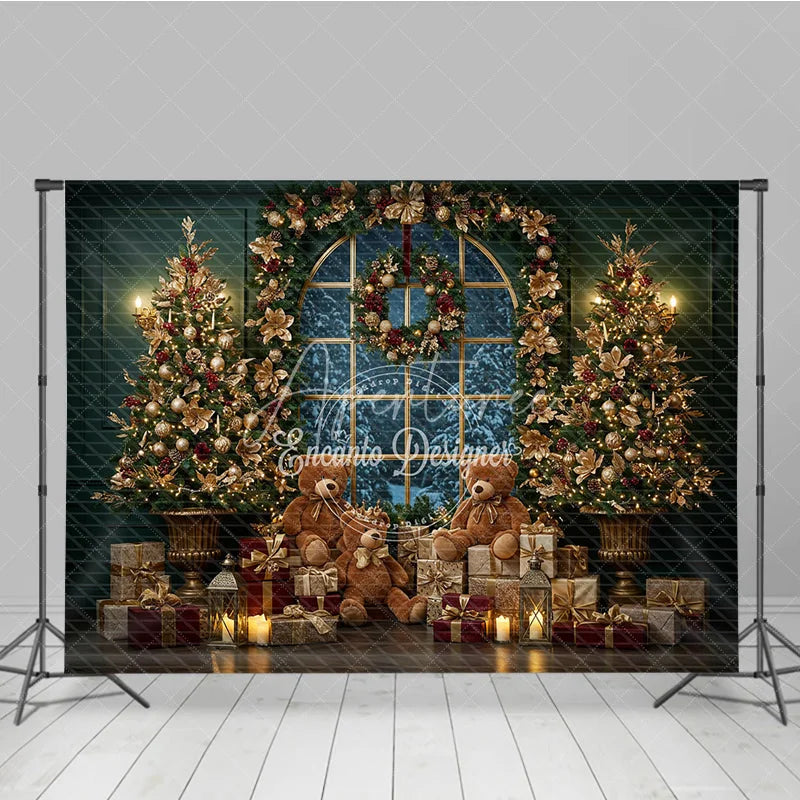 Aperturee - Aperturee Elegant Christmas Window Photography Backdrop Teddy Bears and Golden Trees Snowy View Holiday Photo Background