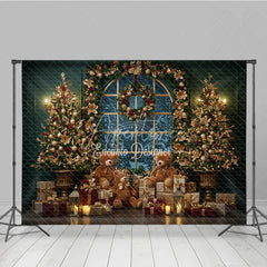 Aperturee - Aperturee Elegant Christmas Window Photography Backdrop Teddy Bears and Golden Trees Snowy View Holiday Photo Background