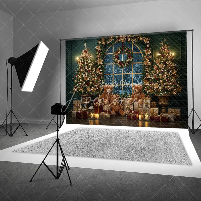 Aperturee - Aperturee Elegant Christmas Window Photography Backdrop Teddy Bears and Golden Trees Snowy View Holiday Photo Background