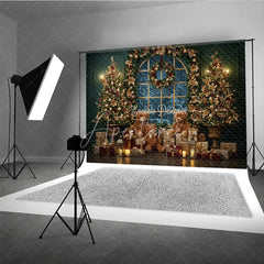 Aperturee - Aperturee Elegant Christmas Window Photography Backdrop Teddy Bears and Golden Trees Snowy View Holiday Photo Background