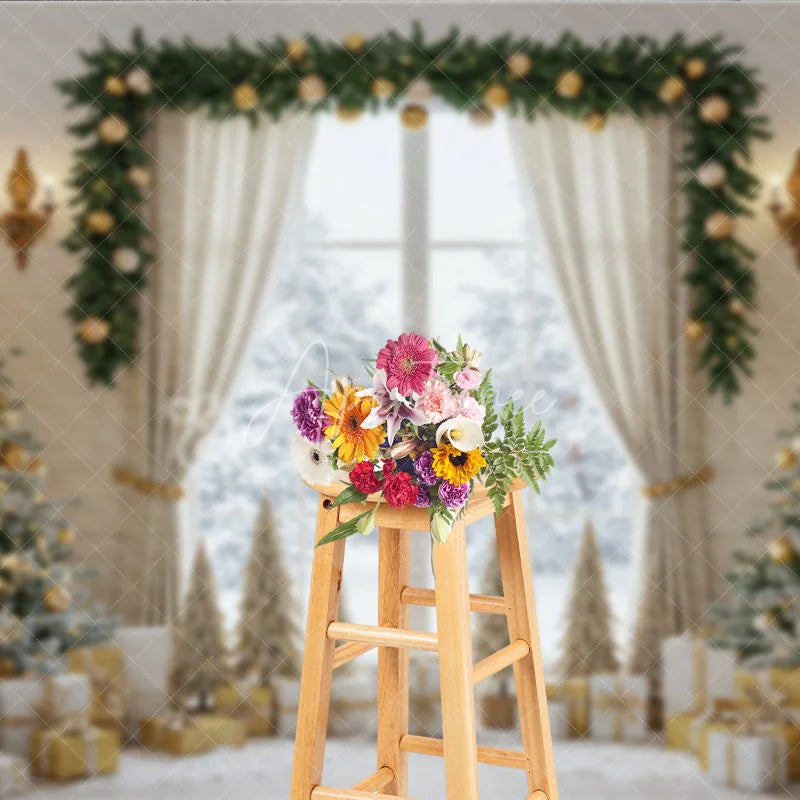 Aperturee - Aperturee Elegant Christmas Window Photography Backdrop White and Gold with Flocked Trees Holiday Mini Session Background