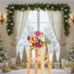 Aperturee - Aperturee Elegant Christmas Window Photography Backdrop White and Gold with Flocked Trees Holiday Mini Session Background