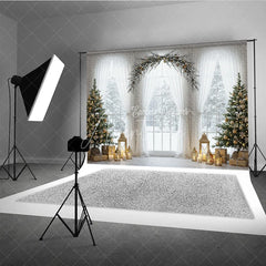 Aperturee - Aperturee Elegant Christmas Window Photography Backdrop White Curtains and Garland Arch Snowy View with Golden Lanterns