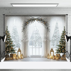 Aperturee - Aperturee Elegant Christmas Window Photography Backdrop White Curtains and Garland Arch Snowy View with Golden Lanterns