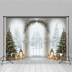 Aperturee - Aperturee Elegant Christmas Window Photography Backdrop White Curtains and Garland Arch Snowy View with Golden Lanterns