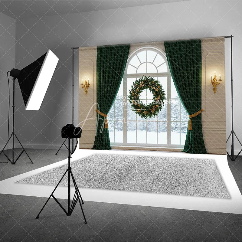 Aperturee - Aperturee Elegant Christmas Window Photography Backdrop with Green Curtains Floating Wreath Classic Holiday Photo Background