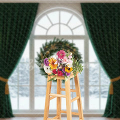 Aperturee - Aperturee Elegant Christmas Window Photography Backdrop with Green Curtains Floating Wreath Classic Holiday Photo Background
