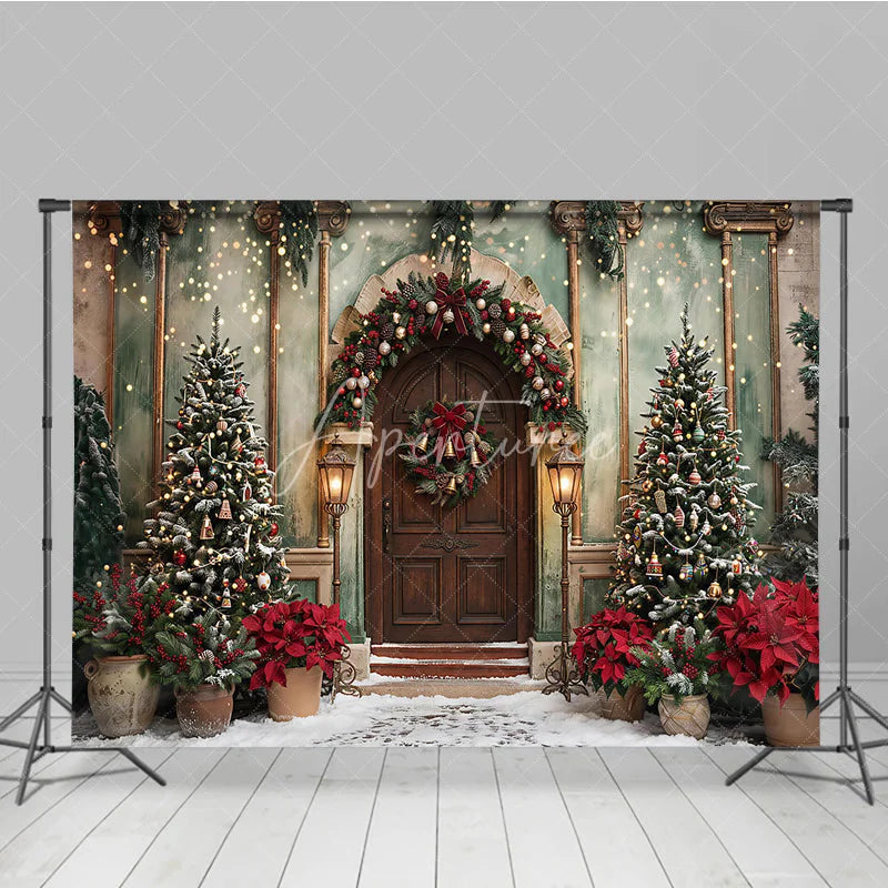 Aperturee - Aperturee Elegant Christmas Winter Wonderland Holiday Backdrop with Decorated Trees Wreath Snow and Fairy Lights