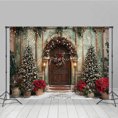 Aperturee - Aperturee Elegant Christmas Winter Wonderland Holiday Backdrop with Decorated Trees Wreath Snow and Fairy Lights