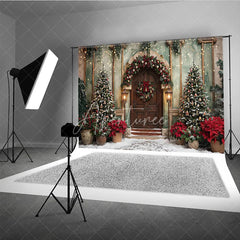 Aperturee - Aperturee Elegant Christmas Winter Wonderland Holiday Backdrop with Decorated Trees Wreath Snow and Fairy Lights