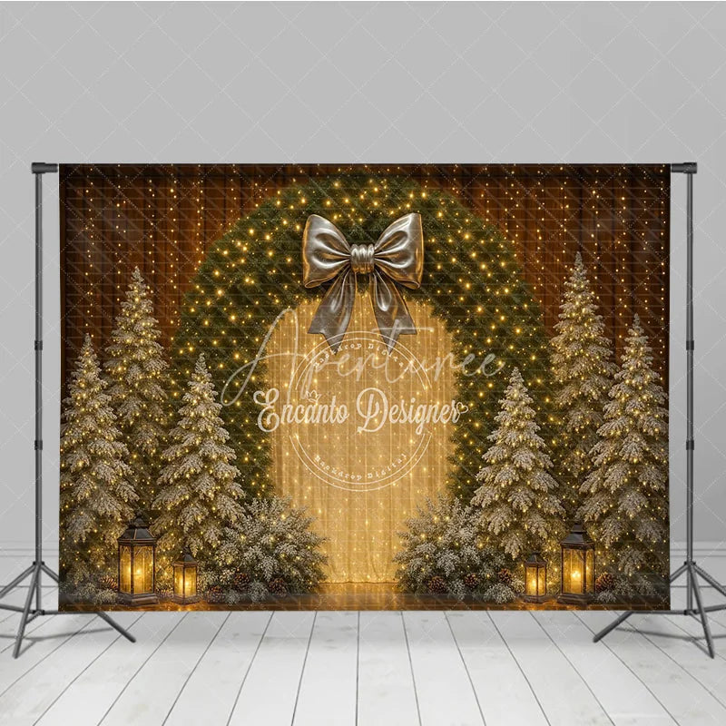 Aperturee - Aperturee Elegant Christmas Wreath Photography Backdrop Gold Bow with Flocked Trees Fairy Light Holiday Photo Background