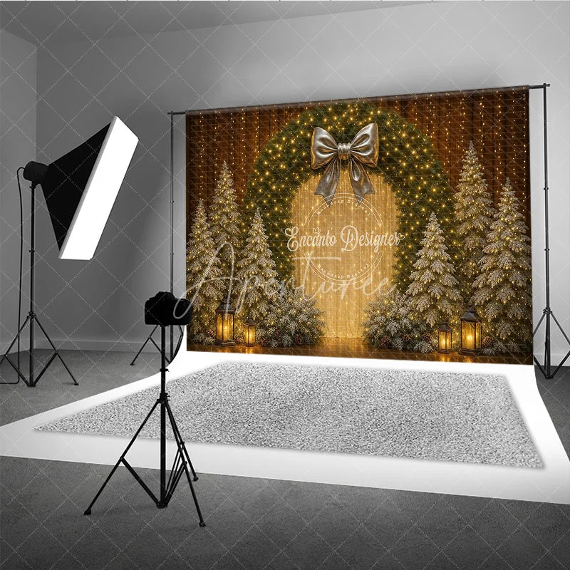 Aperturee - Aperturee Elegant Christmas Wreath Photography Backdrop Gold Bow with Flocked Trees Fairy Light Holiday Photo Background