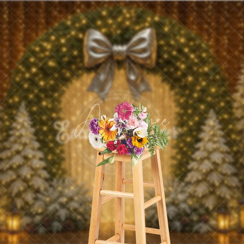 Aperturee - Aperturee Elegant Christmas Wreath Photography Backdrop Gold Bow with Flocked Trees Fairy Light Holiday Photo Background