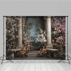 Aperturee - Aperturee Elegant Classical Garden Photography Backdrop with Roman Columns Flowering Pink and White Blossoms and Stone Benches