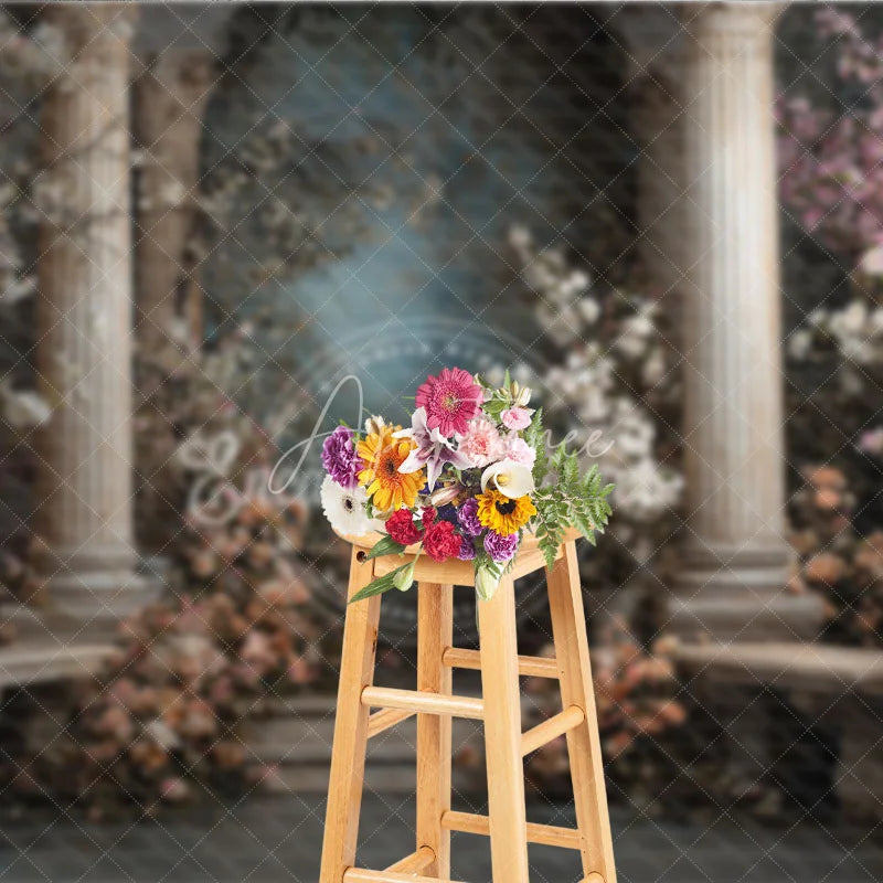 Aperturee - Aperturee Elegant Classical Garden Photography Backdrop with Roman Columns Flowering Pink and White Blossoms and Stone Benches