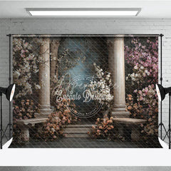 Aperturee - Aperturee Elegant Classical Garden Photography Backdrop with Roman Columns Flowering Pink and White Blossoms and Stone Benches