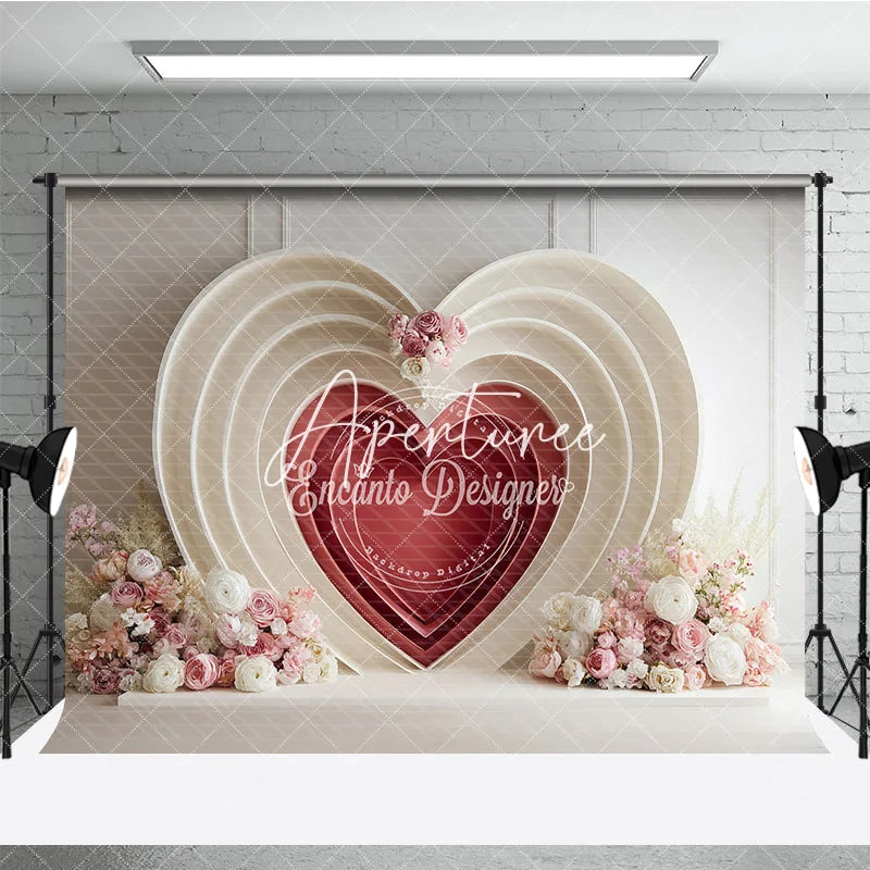 Aperturee - Aperturee Elegant Cream and Red Layered Heart Photography Backdrop with Pink and White Floral Decor for Valentine’s Day Wedding