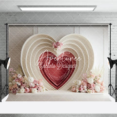 Aperturee - Aperturee Elegant Cream and Red Layered Heart Photography Backdrop with Pink and White Floral Decor for Valentine’s Day Wedding