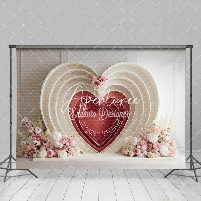 Aperturee - Aperturee Elegant Cream and Red Layered Heart Photography Backdrop with Pink and White Floral Decor for Valentine’s Day Wedding