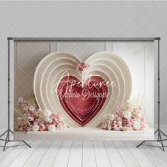 Aperturee - Aperturee Elegant Cream and Red Layered Heart Photography Backdrop with Pink and White Floral Decor for Valentine’s Day Wedding
