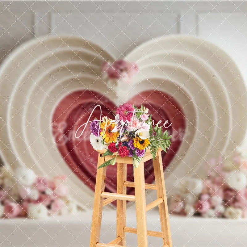 Aperturee - Aperturee Elegant Cream and Red Layered Heart Photography Backdrop with Pink and White Floral Decor for Valentine’s Day Wedding