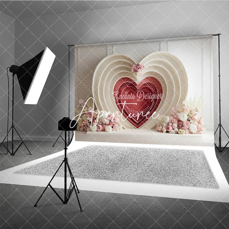 Aperturee - Aperturee Elegant Cream and Red Layered Heart Photography Backdrop with Pink and White Floral Decor for Valentine’s Day Wedding